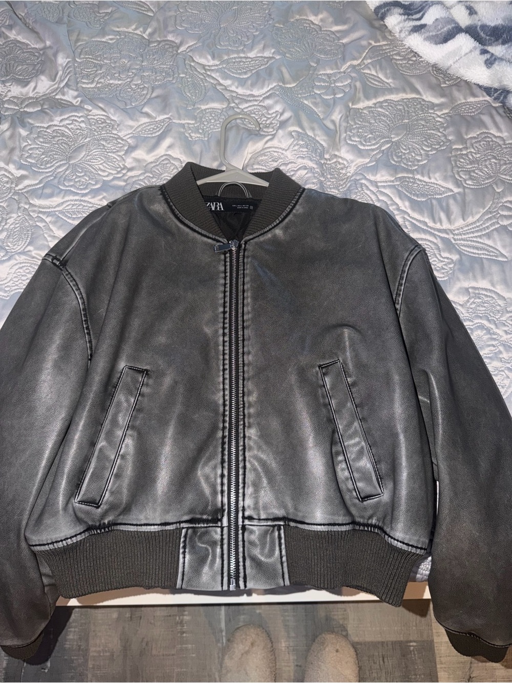ZARA Black/Grey Faux Leather Bomber Jacket